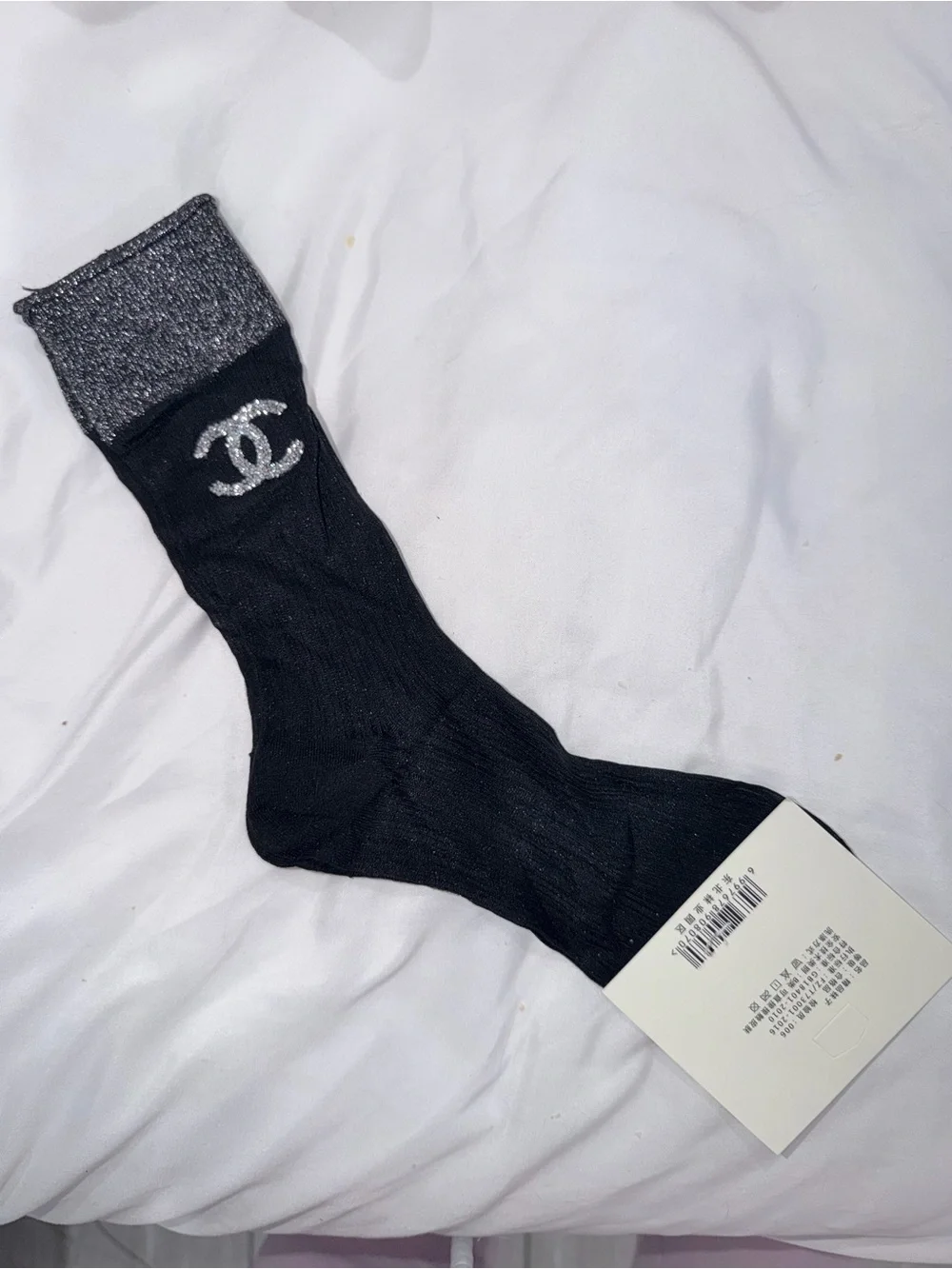 Black Crew Sock with Silver Logo Accent